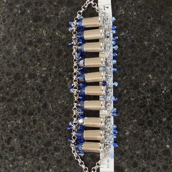 Handmade Bullet Shell Casing Bracelet With Blue Swarovski Crystals - Picture 12 of 15